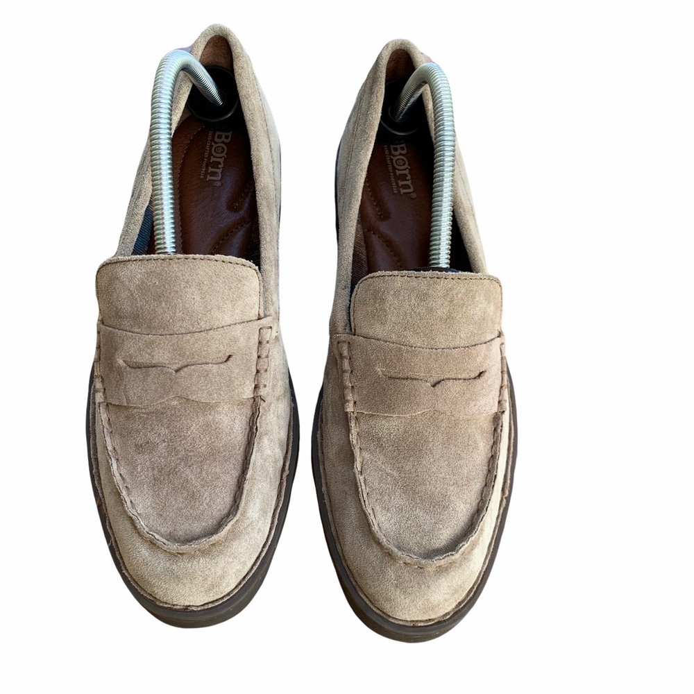 Born Driving Moccasin Penny Loafer Women 10M Beige Suede Slip On Shoes